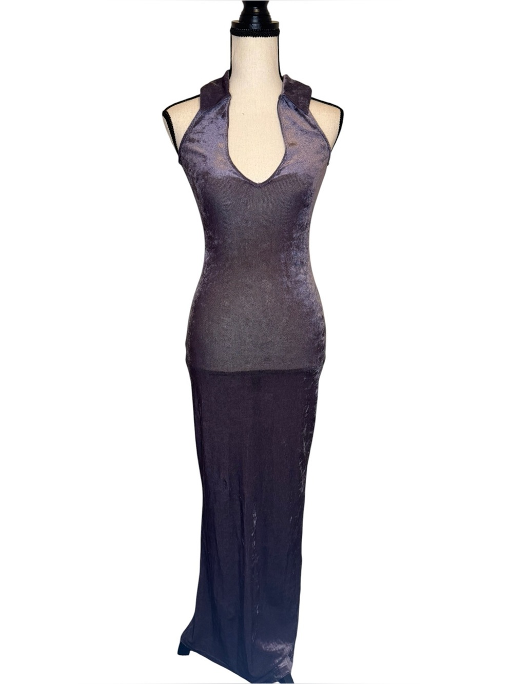 Velvet Mesh Halter Maxi Dress